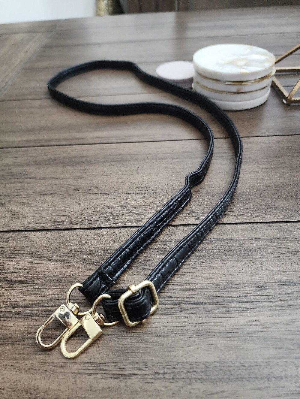 Adjustable Black Croc Leather Strap with Gold Hardware-48 In At Longest Length